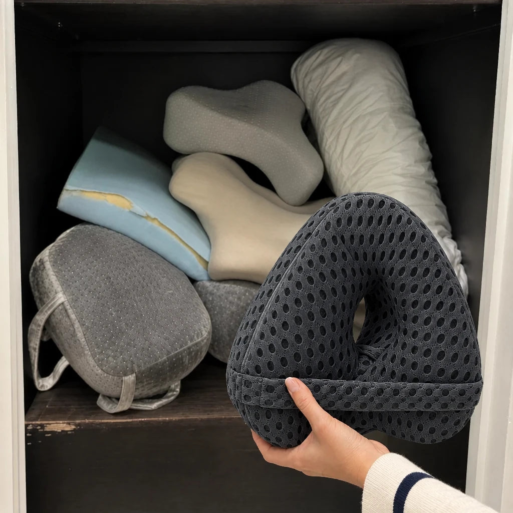 A closet shelf of failed knee pillows next to the one that worked