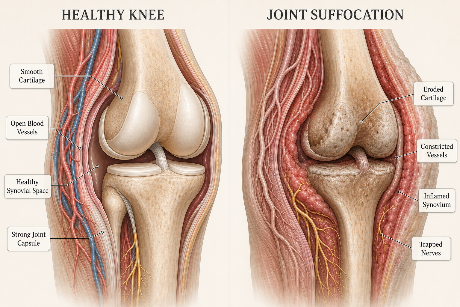 Healthy joint vs joint with constricted blood vessels and trapped nerves