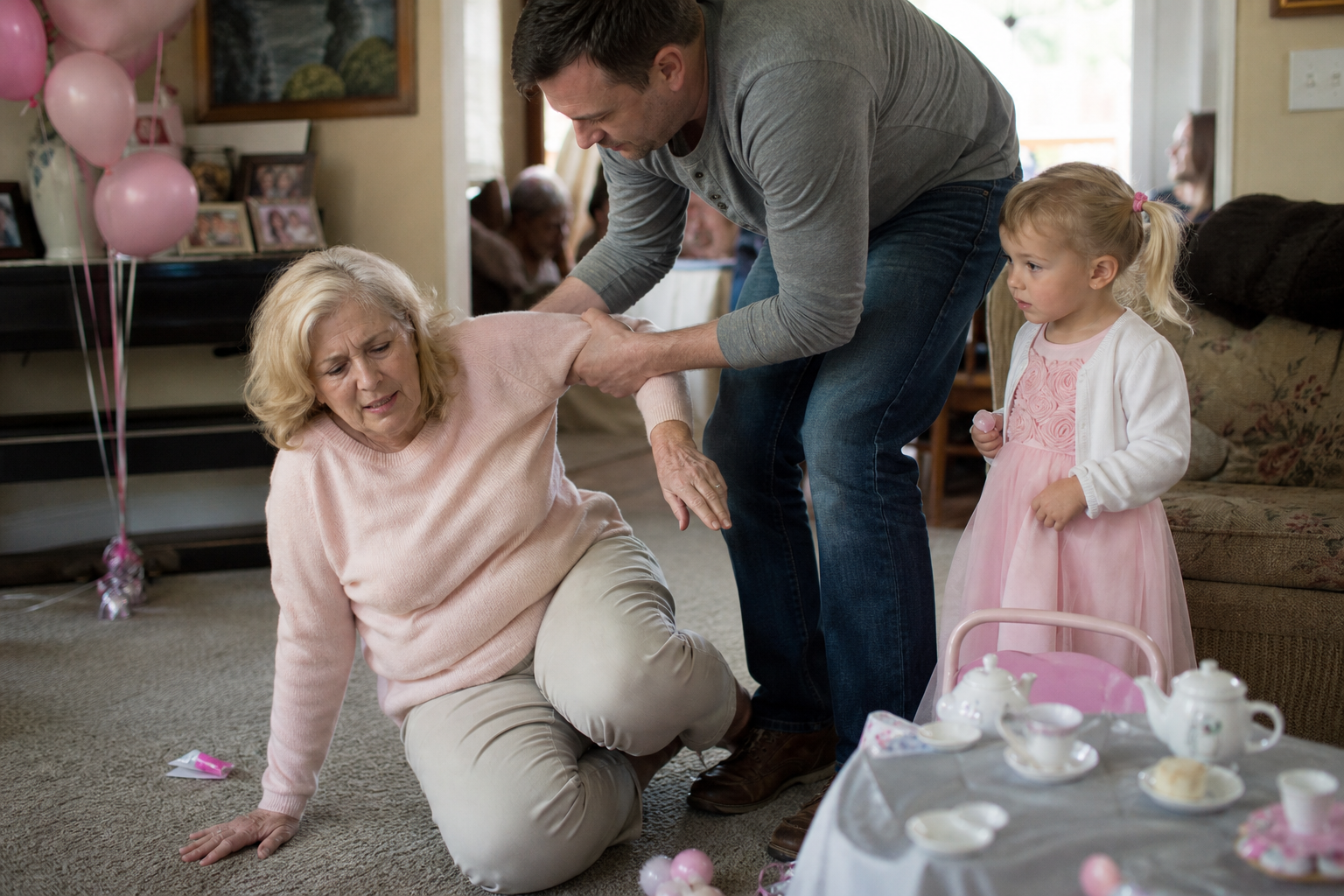Grandmother being helped up from the floor by family at child's birthday party