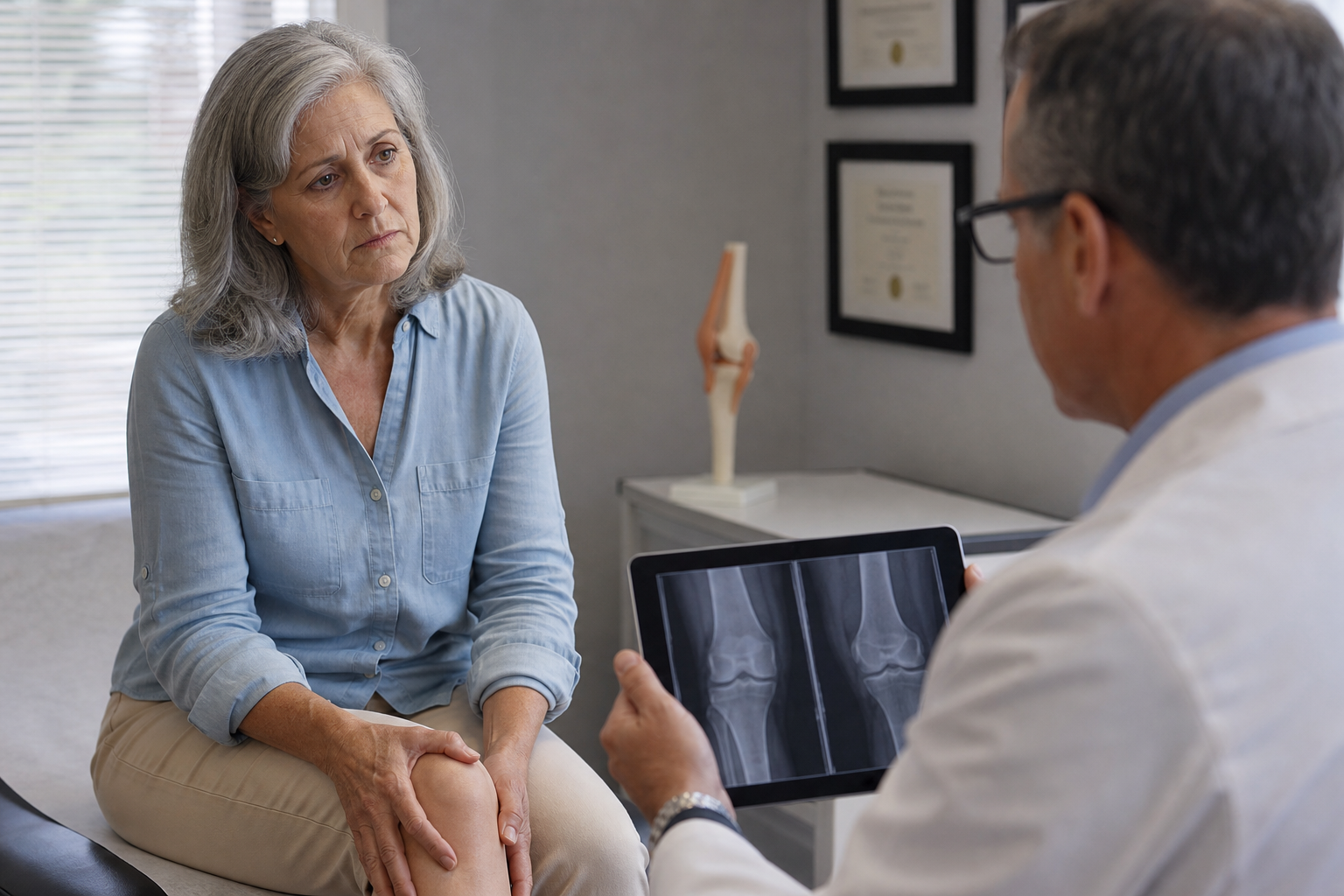 Linda receiving knee replacement surgery diagnosis from her doctor
