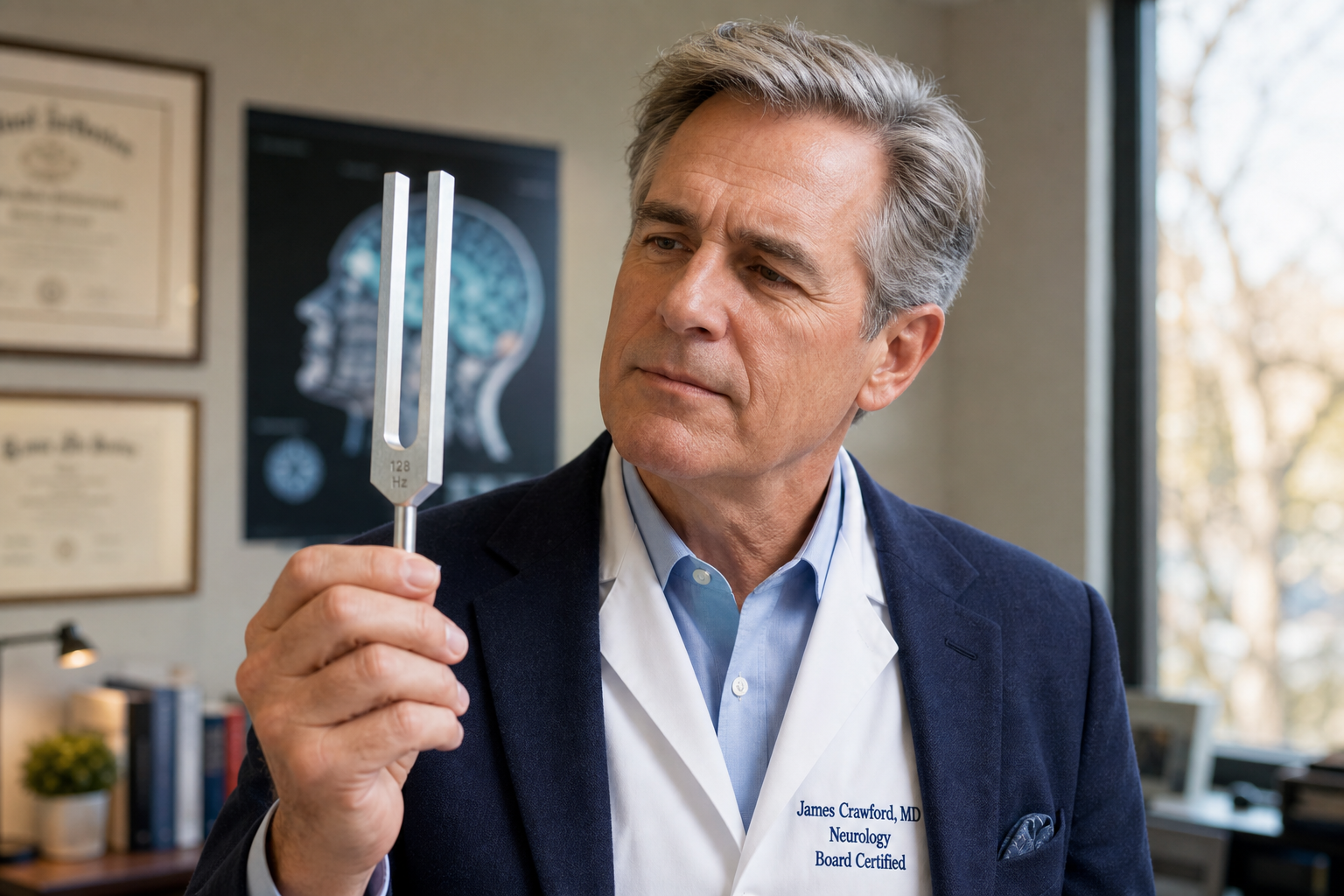 Dr. James Crawford, board-certified neurologist with 128 Hz tuning fork