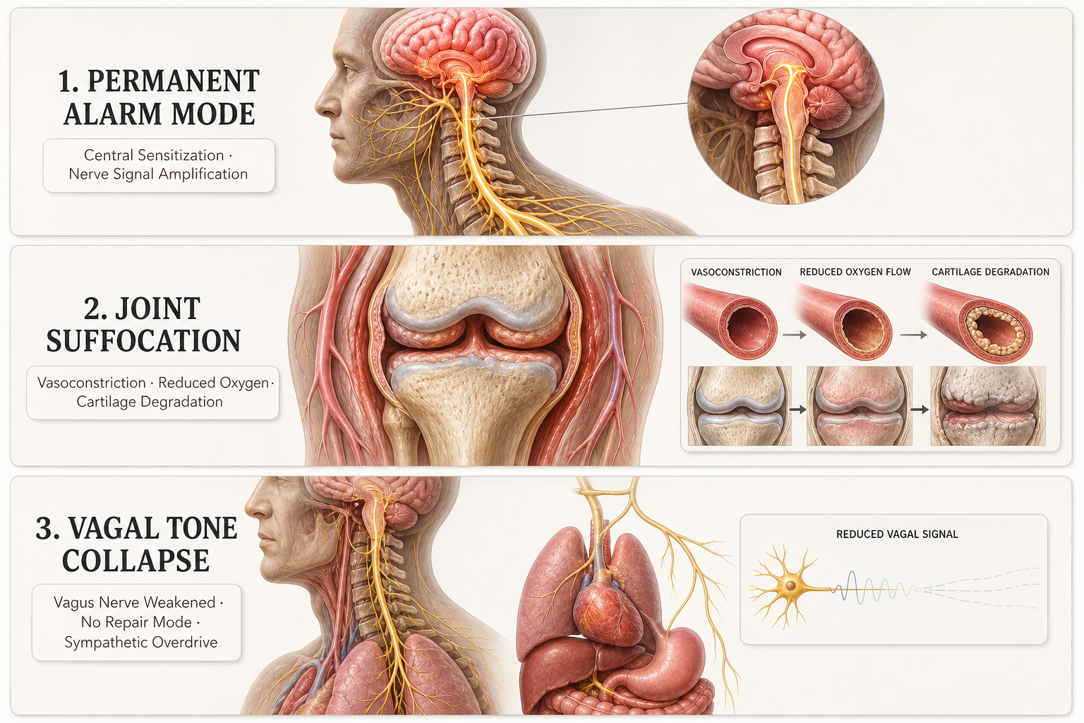 Diagram showing the three biological root causes of chronic joint pain