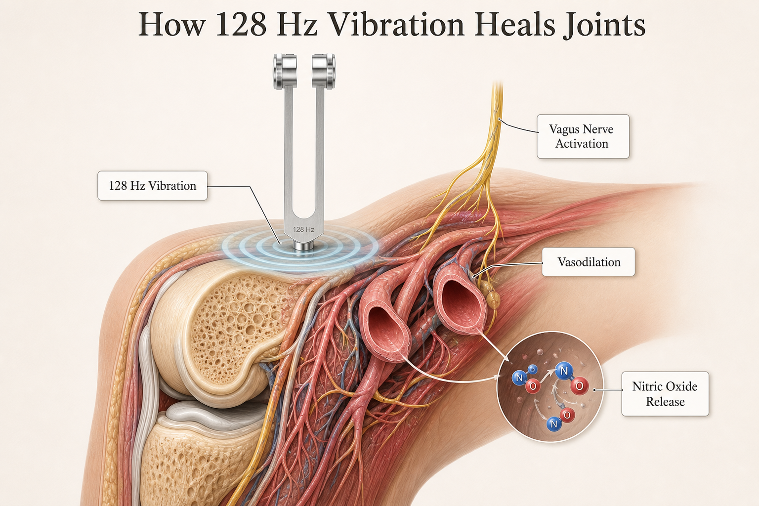 128 Hz vibration mechanism diagram showing nitric oxide release and vagus nerve activation