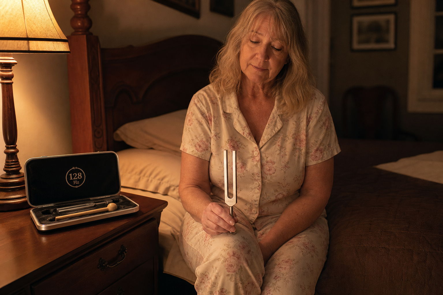 The Nourial 128 Hz tuning fork resting on a nightstand at night