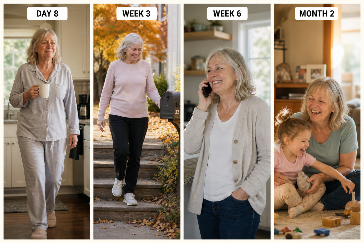 Linda's 60-day progression with the Nourial tuning fork: Day 8, Week 3, Week 6, Month 2