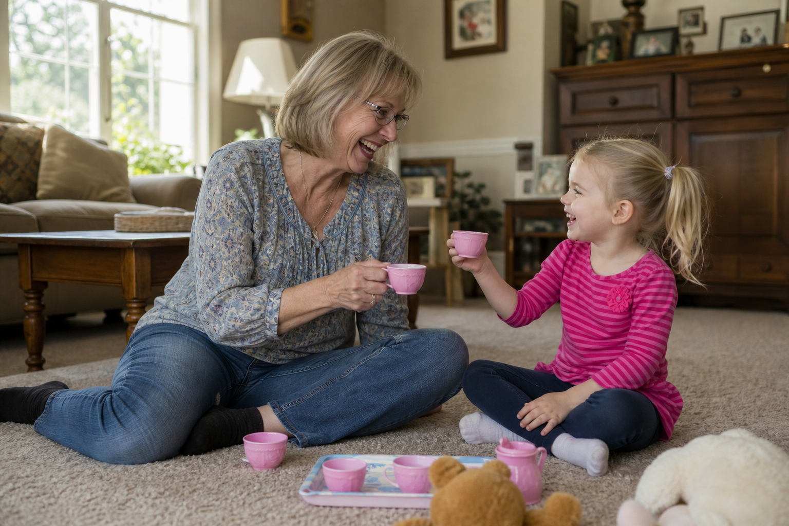 Linda playing tea party with her granddaughter Sophie