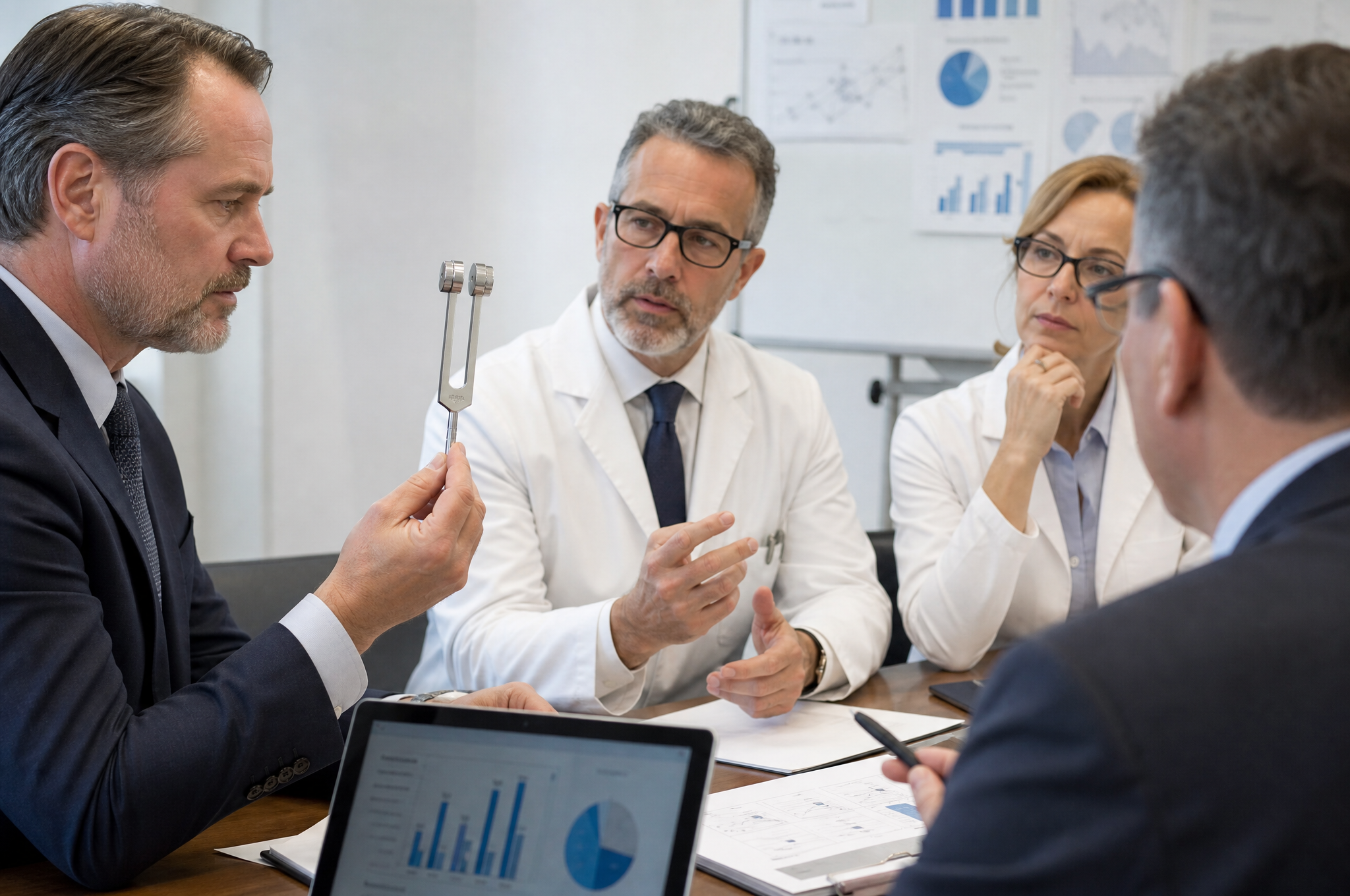 Consultants reviewing the pricing for the instrument