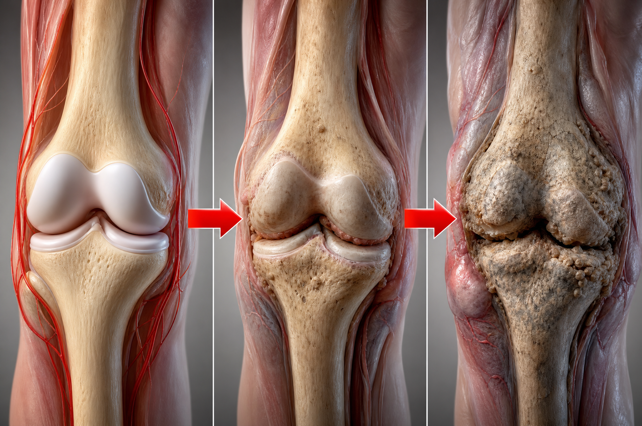 A joint deteriorating from healthy to bone on bone