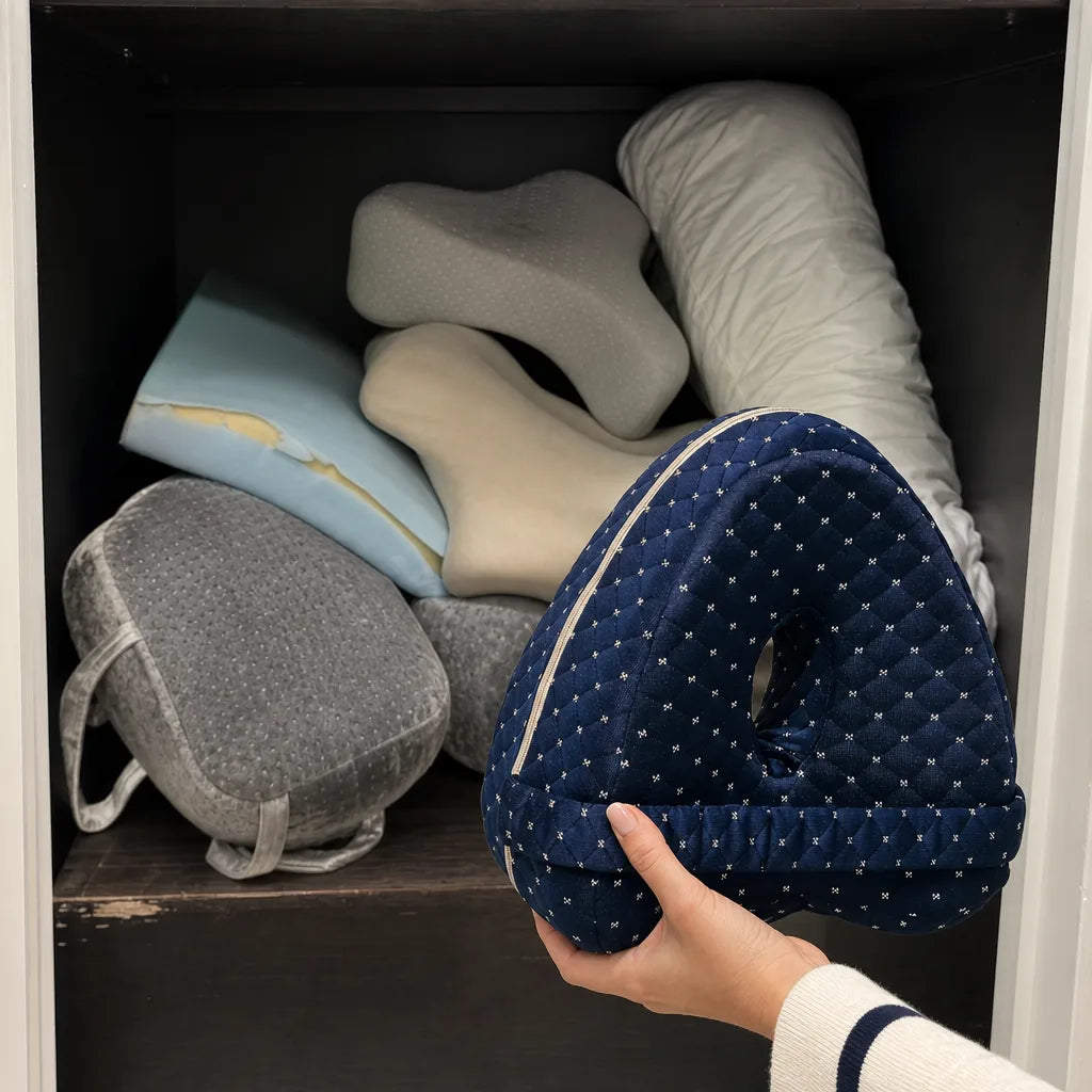 A closet shelf of failed knee pillows next to the one that worked