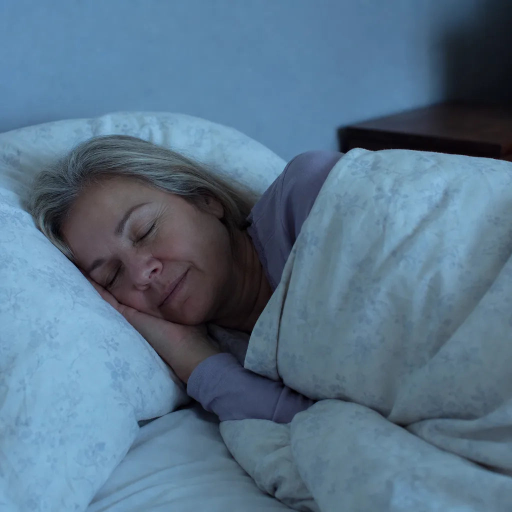 A woman sleeping deeply and peacefully on her side