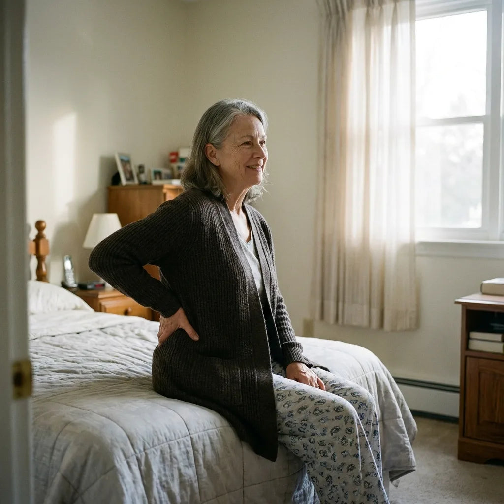 A woman waking calm and relieved, hand resting on her lower back