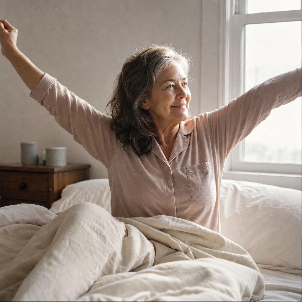 A woman waking up rested in soft morning light