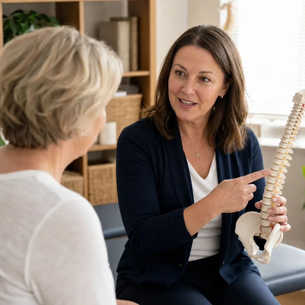 A chiropractor explaining alignment to a patient