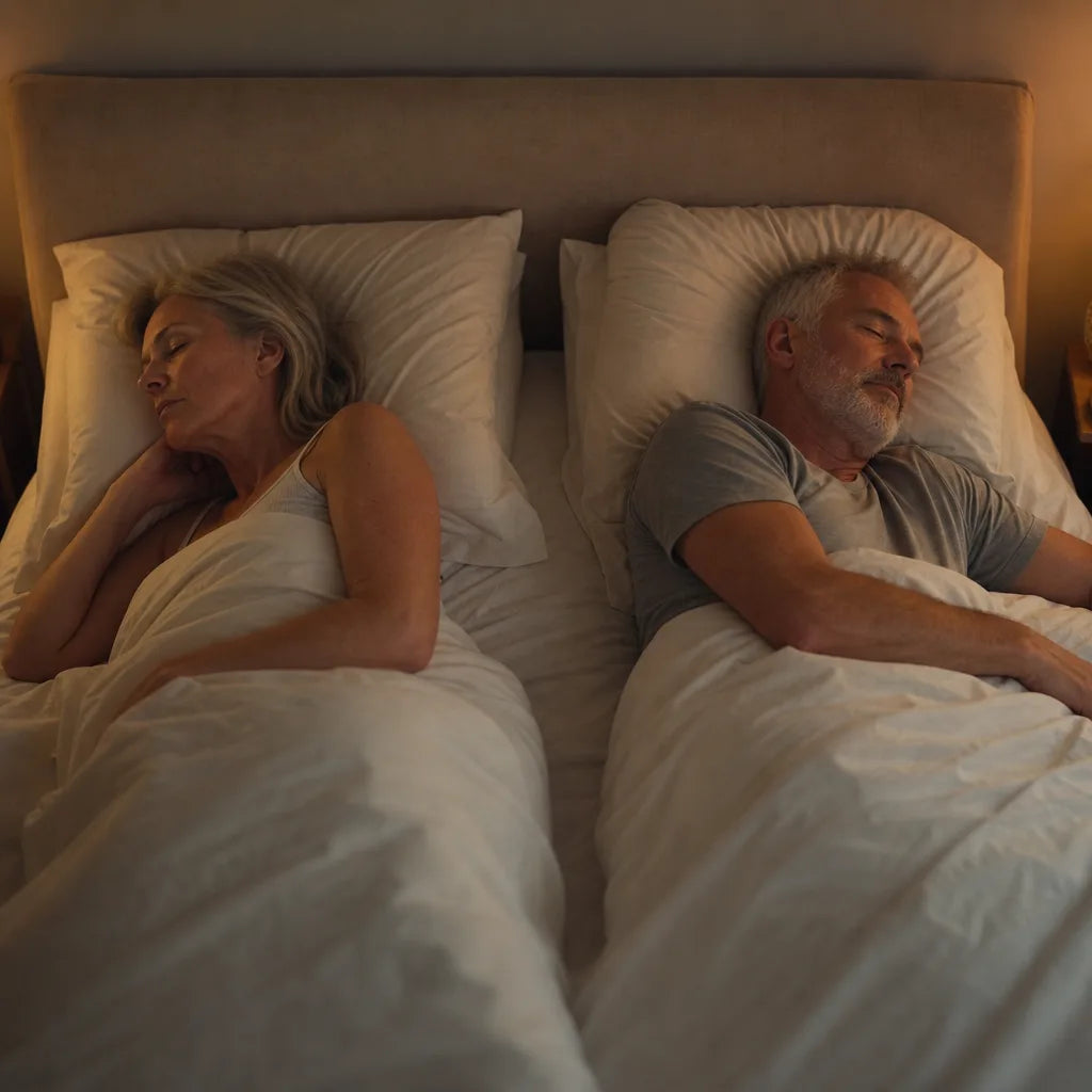 An older couple sleeping peacefully in the same bed