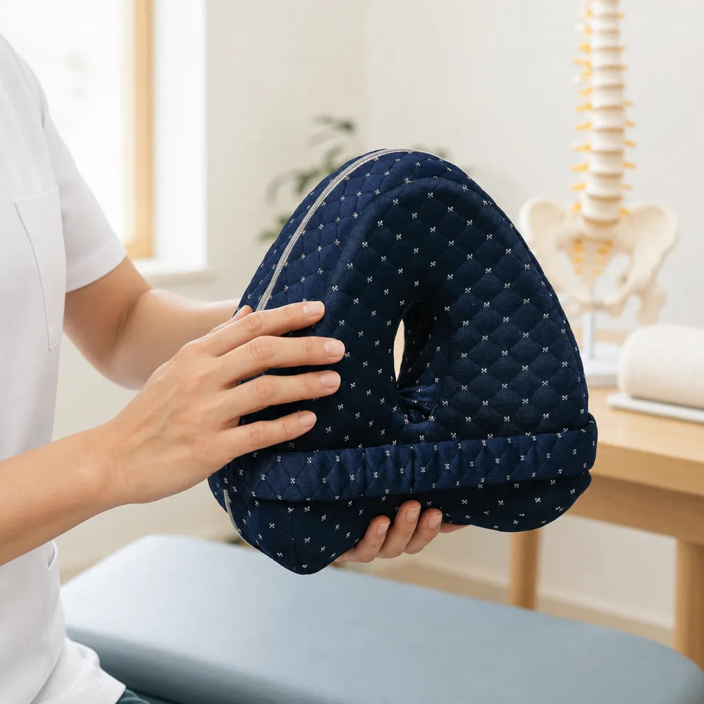 A physical therapist examining the knee pillow they helped design