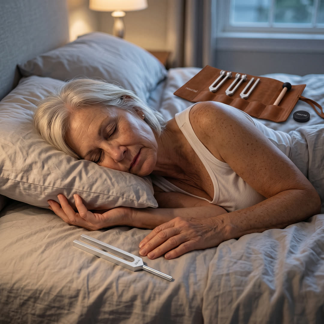 Woman fast asleep in bed with the 256 Hz tuning fork beside her hand and the Nourial set on the bed