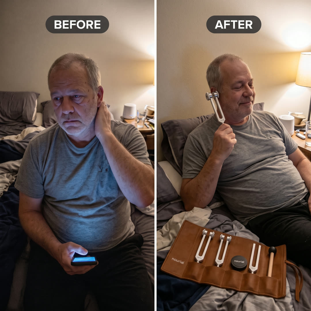 Before: awake late at night with his phone, hand behind his ear. After: relaxed with the 128 Hz tuning fork and the Nourial set beside him