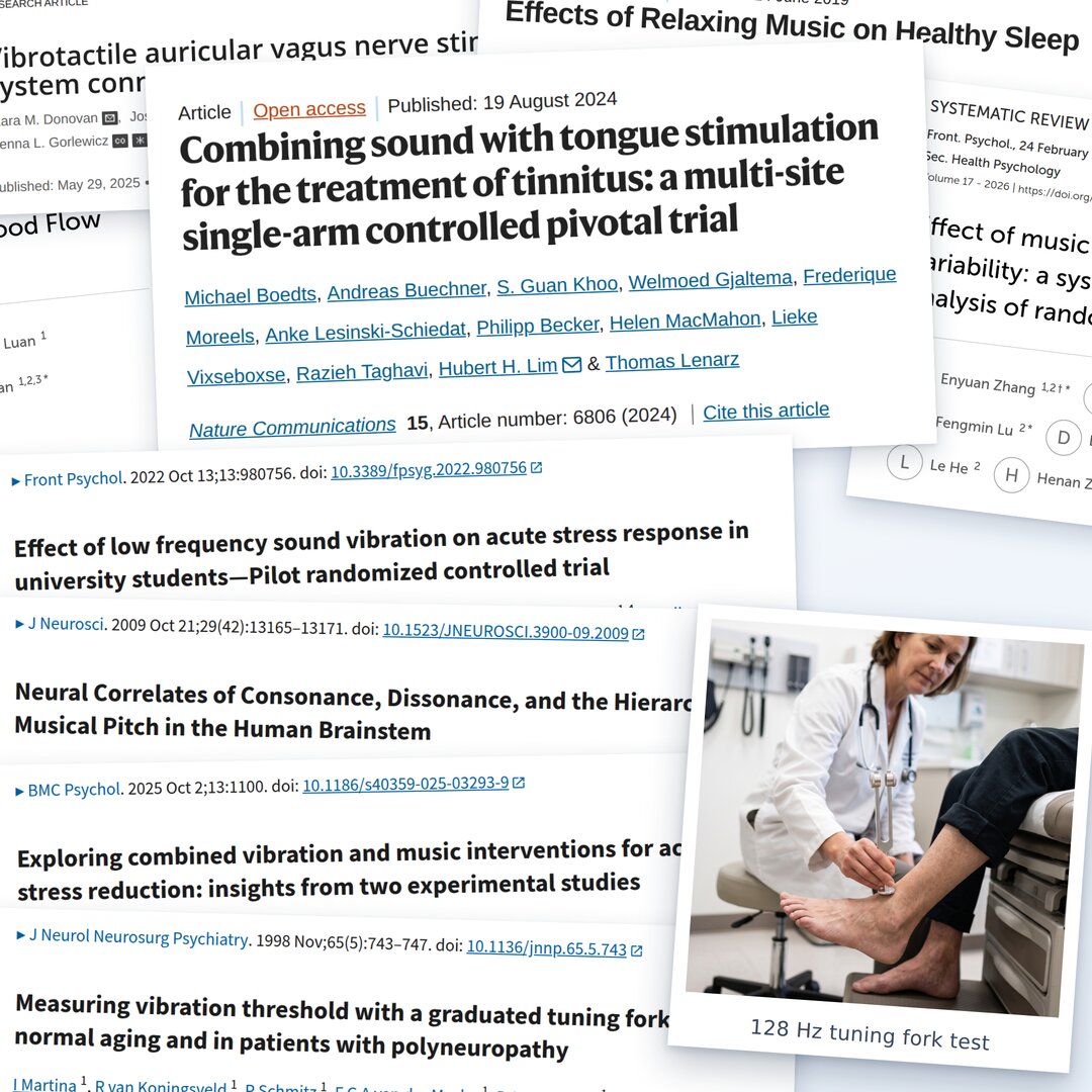 Published studies on sound, vibration and tinnitus, and a doctor testing with a 128 Hz tuning fork
