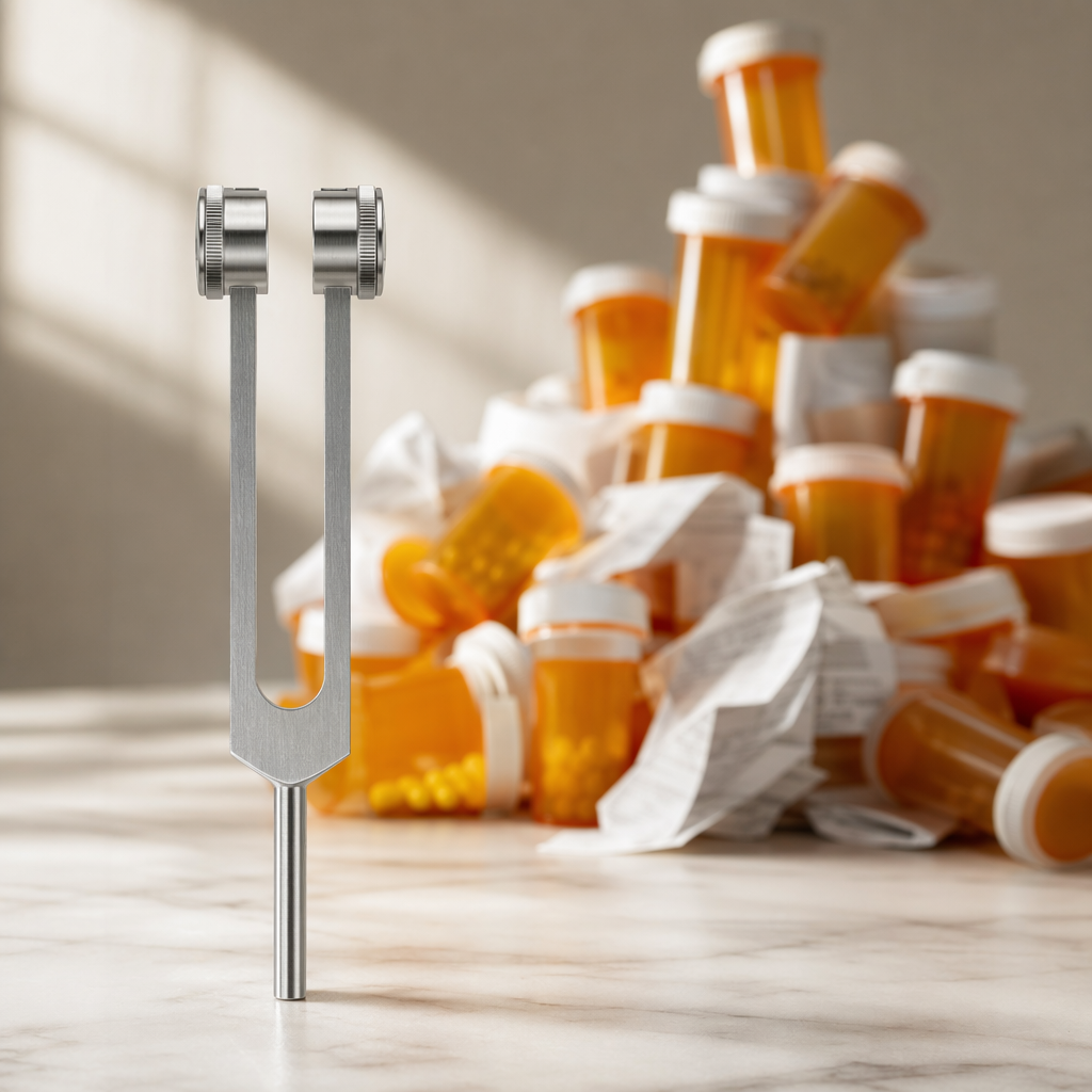 One tuning fork vs. a pile of prescription pill bottles
