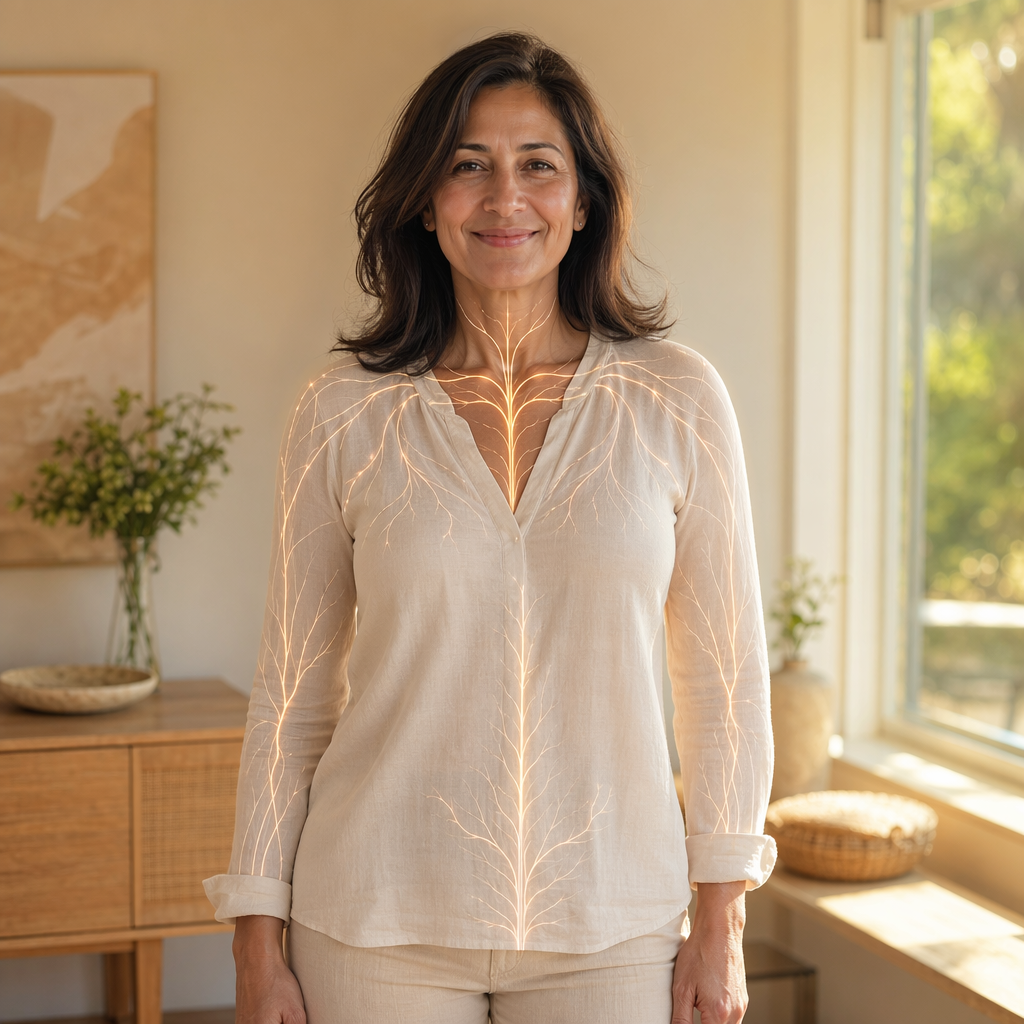 Woman with 3D nervous system visualization showing one signal misfiring