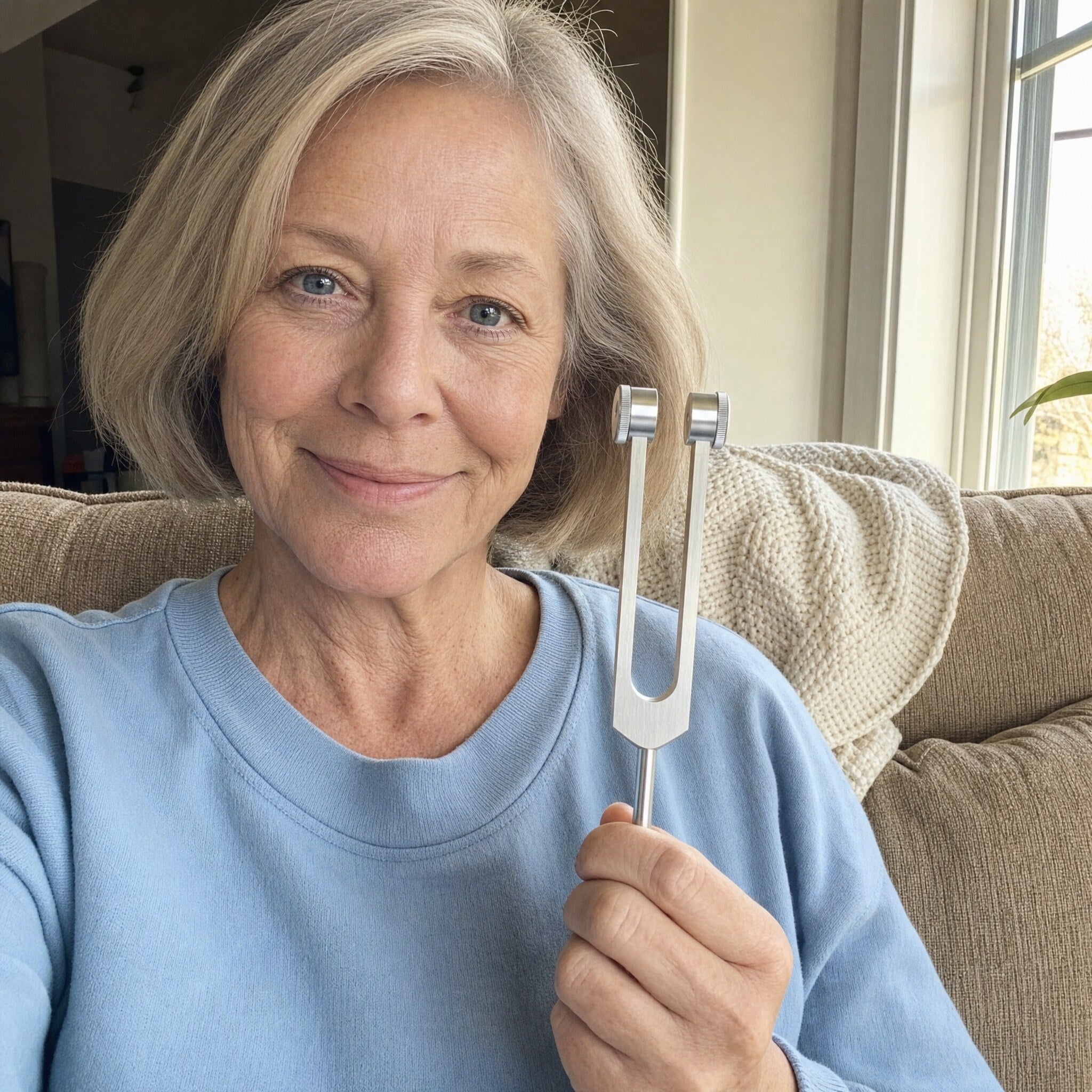 Woman holding a Nourial healing instrument at home