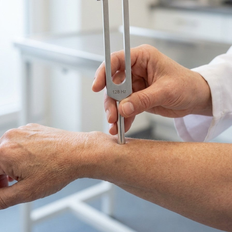 The vet resting the 128 Hz tuning fork on Debra’s forearm