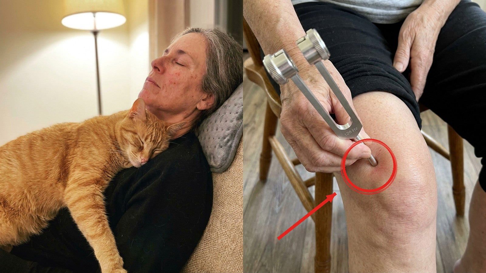 An exhausted woman with her cat, and the 128 Hz instrument pressed on a sore knee