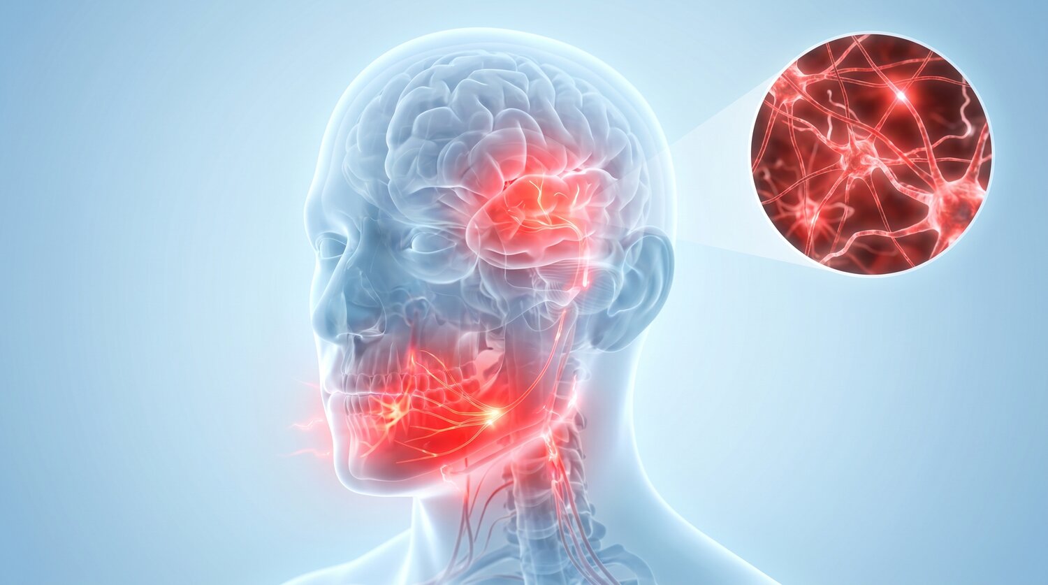 Irritated jaw and neck nerves firing a false alarm into the brain