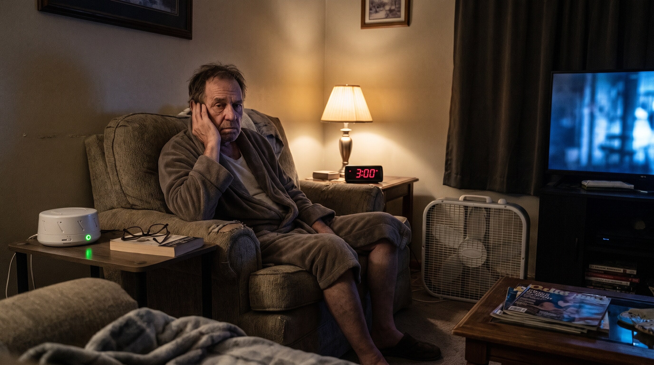 Persistent tinnitus disrupting a man's sleep and quiet moments