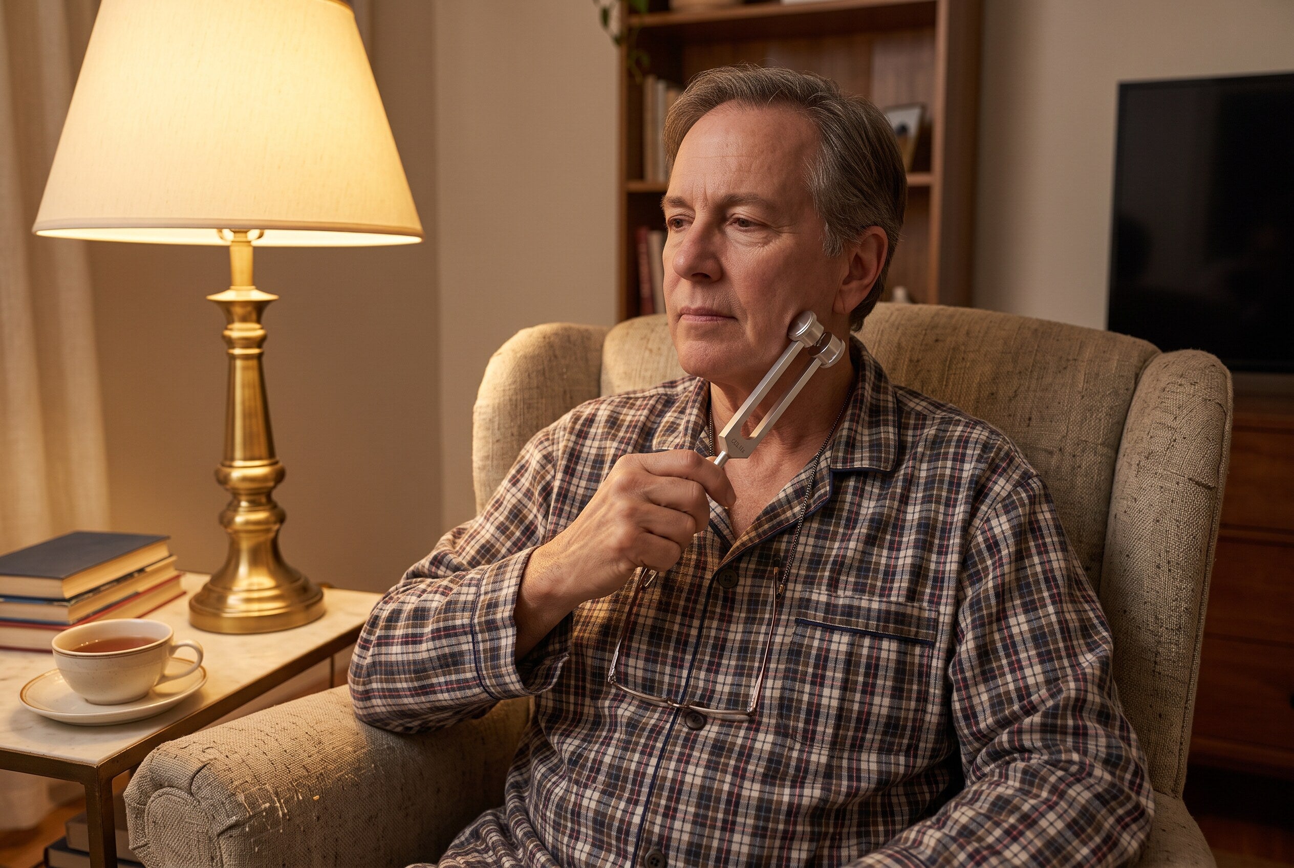 An older man using the Nourial 128 Hz instrument comfortably at home