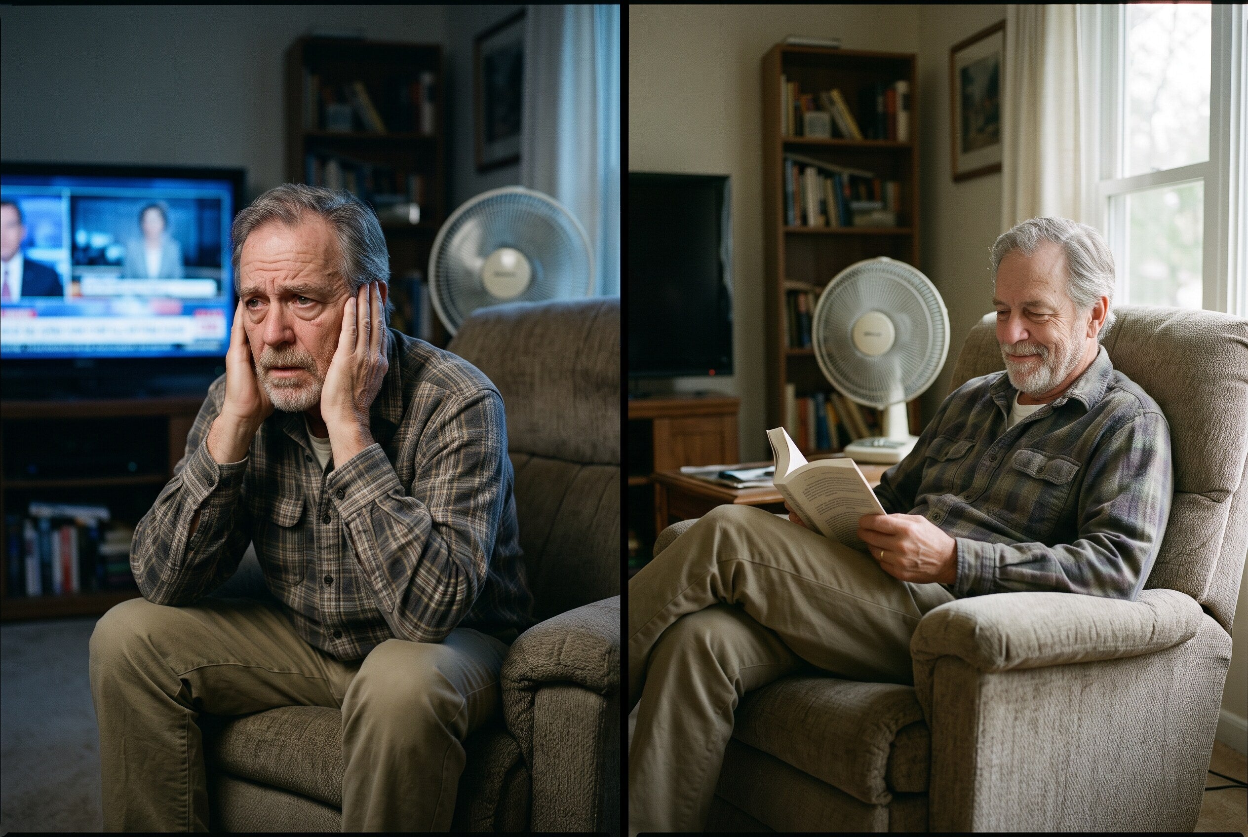 An older man before and after making quiet rooms easier to tolerate