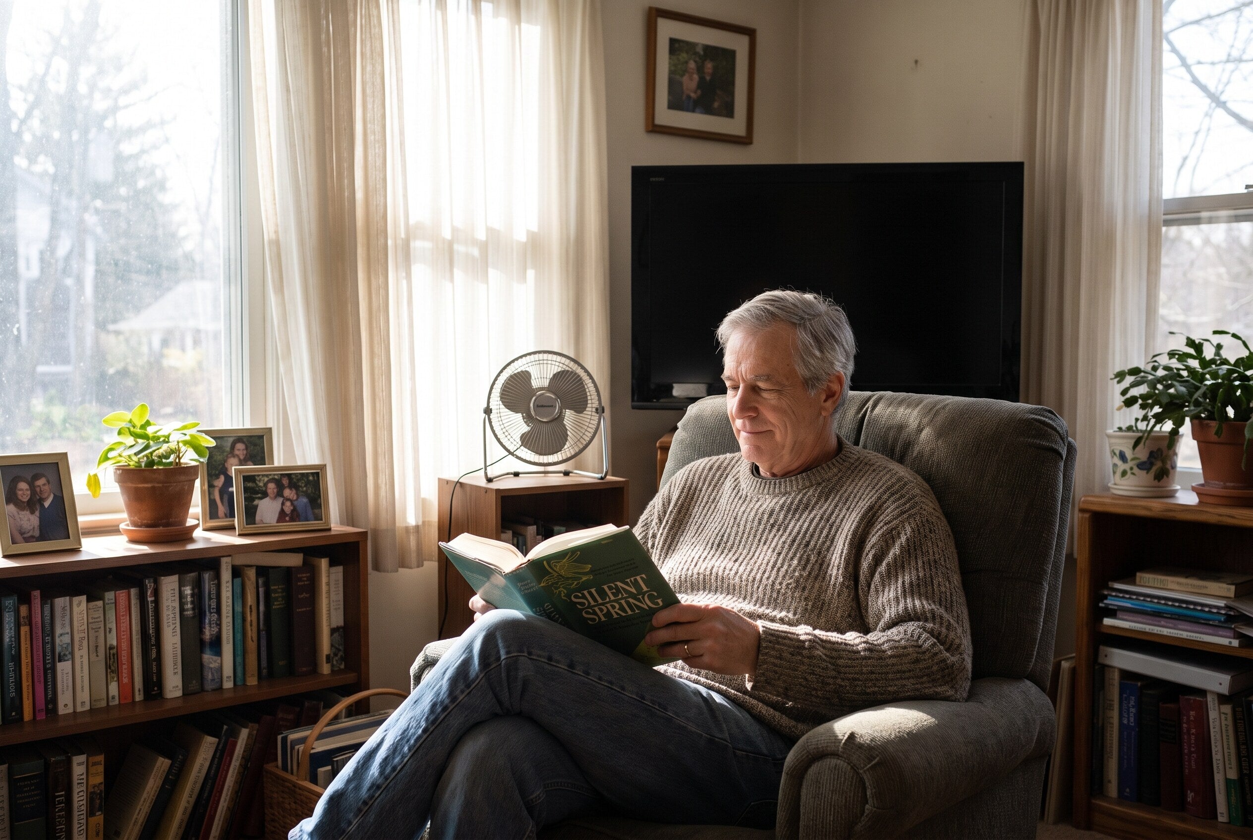 An older man peacefully reading in a quiet room