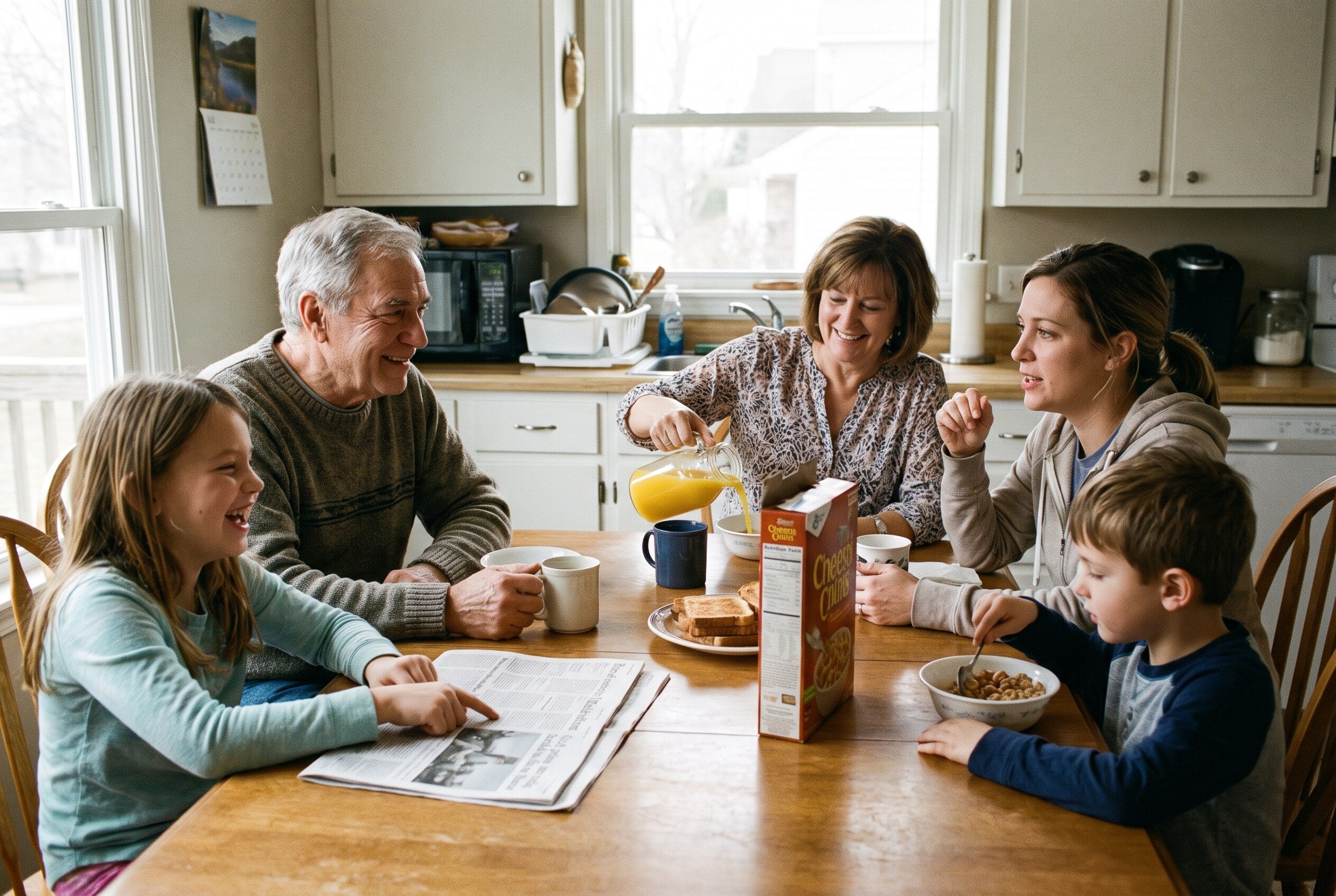 A grandfather fully present with his family during a calm morning
