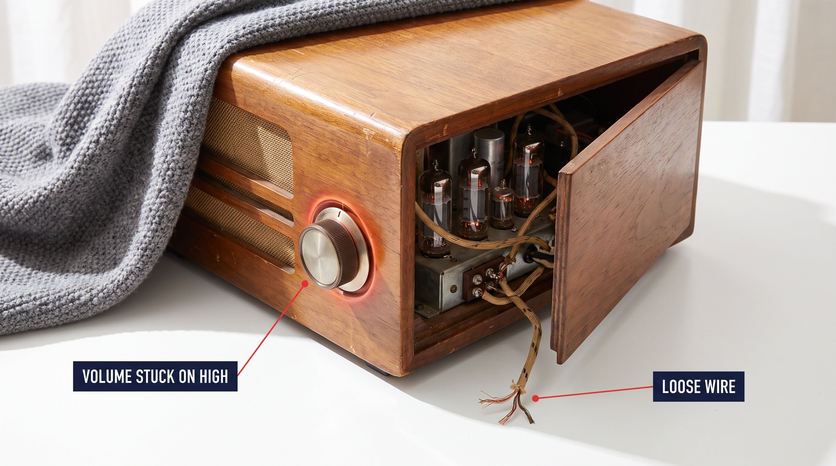 An old radio with the volume knob stuck on high, covered by a blanket