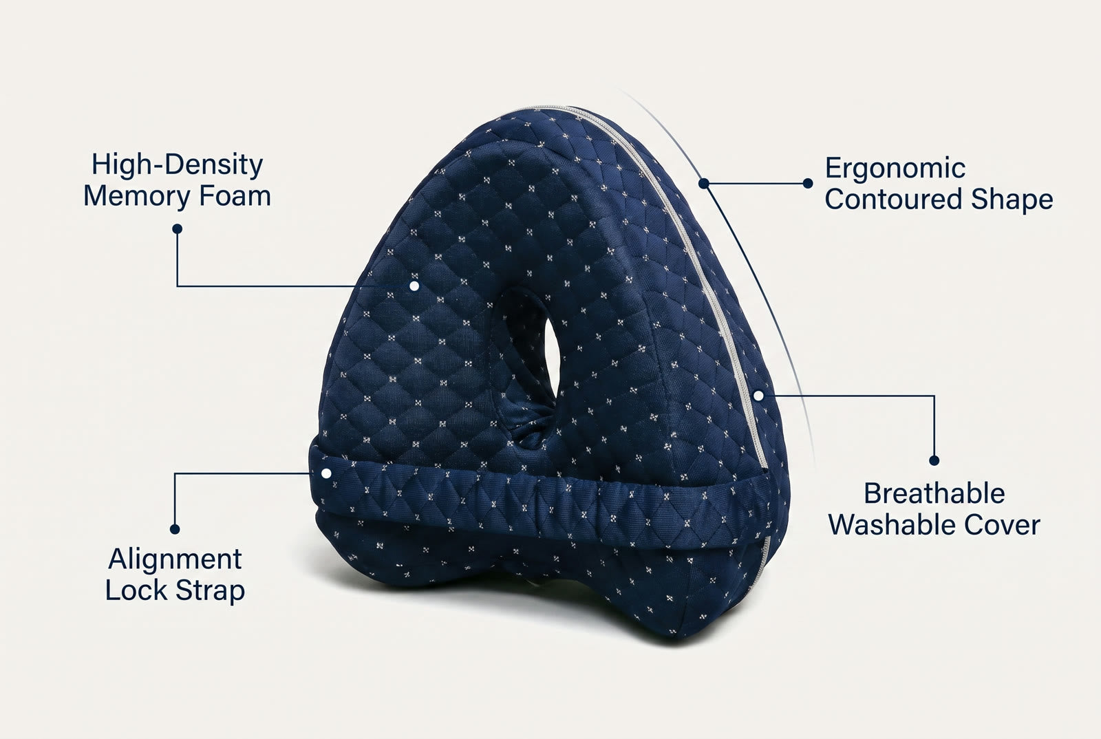 The Nourial Knee Alignment Pillow with its four professional-grade features labeled