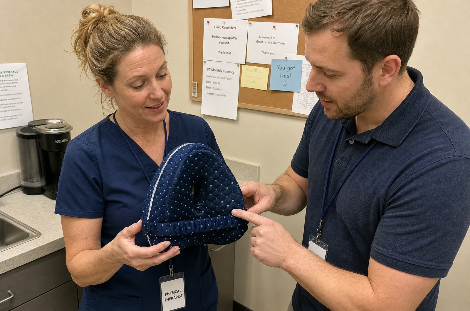 Two physical therapists examining the Nourial pillow in a clinic staff room
