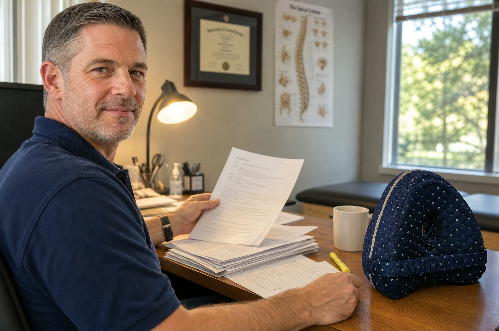 Andrew Cole reviewing patient follow-up notes at his desk