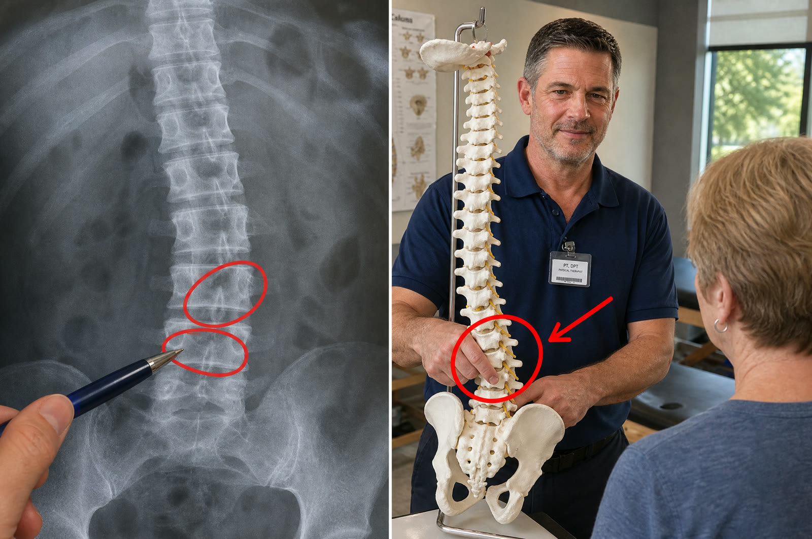 A lumbar spine X-ray with red markings and a physical therapist explaining the lumbar spine to a patient