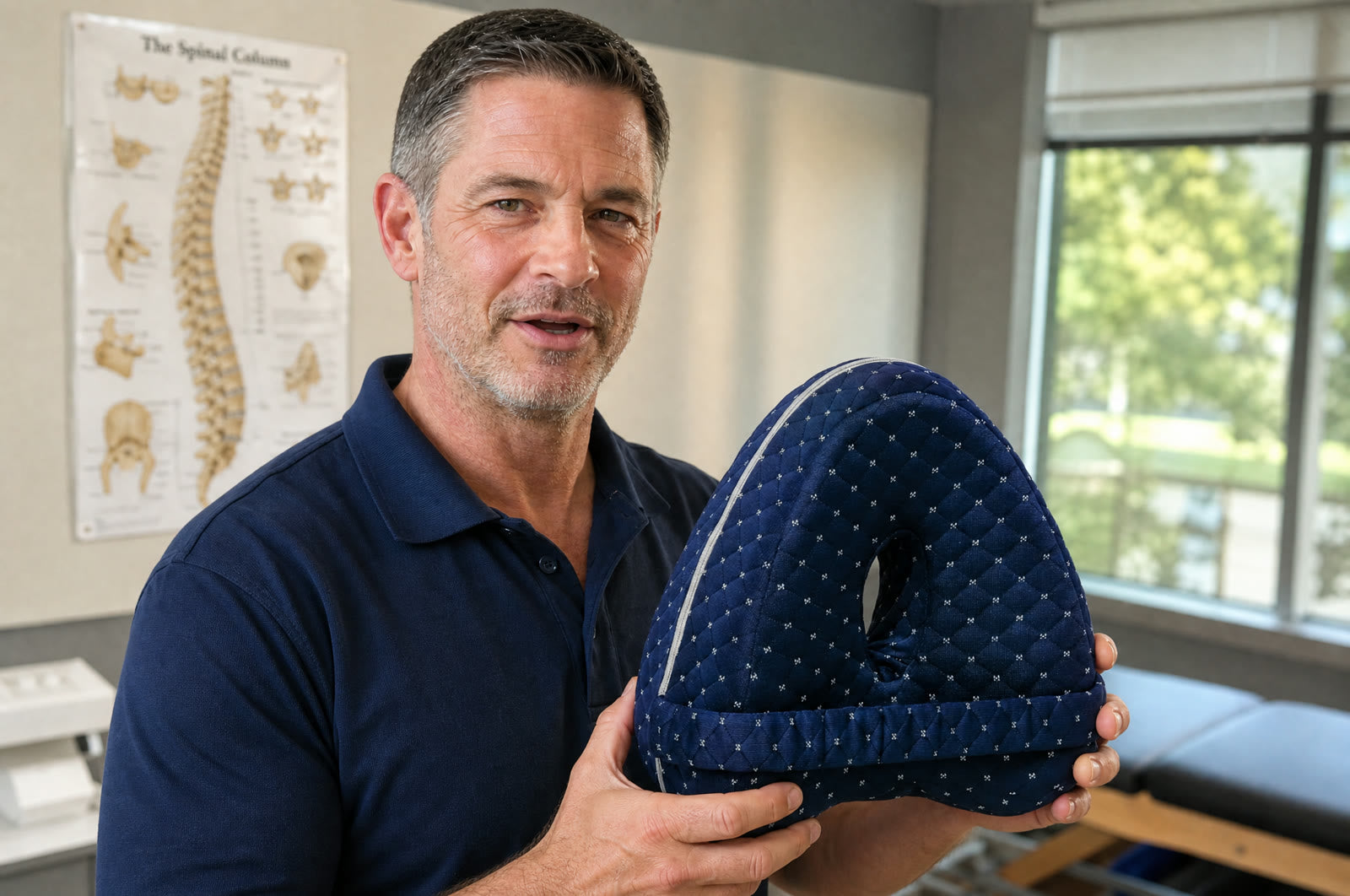Andrew Cole showing the Nourial Knee Alignment Pillow at his clinic