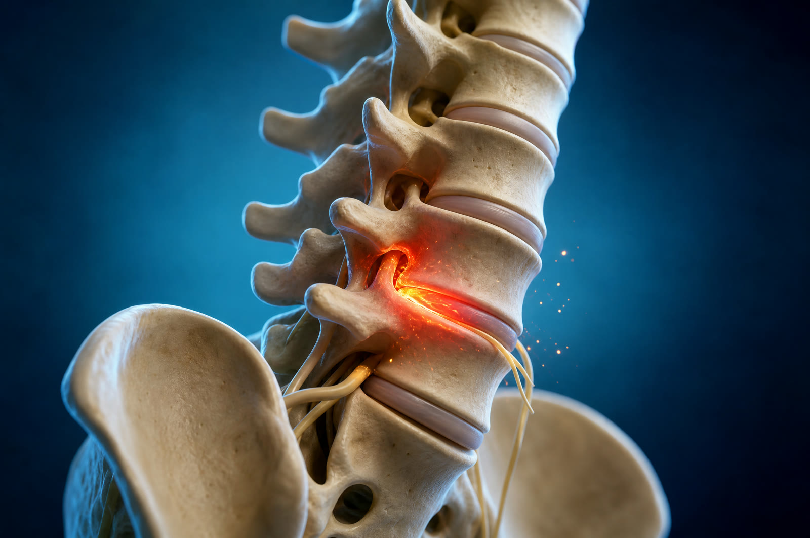 A pinched nerve root between rotated lumbar vertebrae