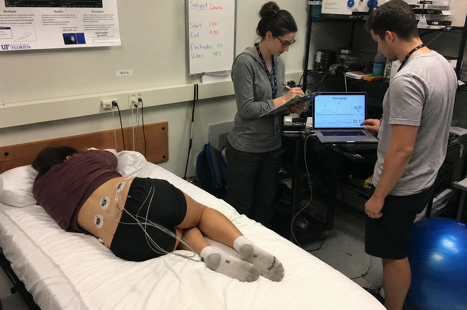 A sleep-research lab measuring pelvic rotation in a side sleeper